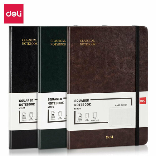 Блокнот Deli А5 96л 80 г/м твердая облож, клетка 5x5мм, корич. кожа EN132G