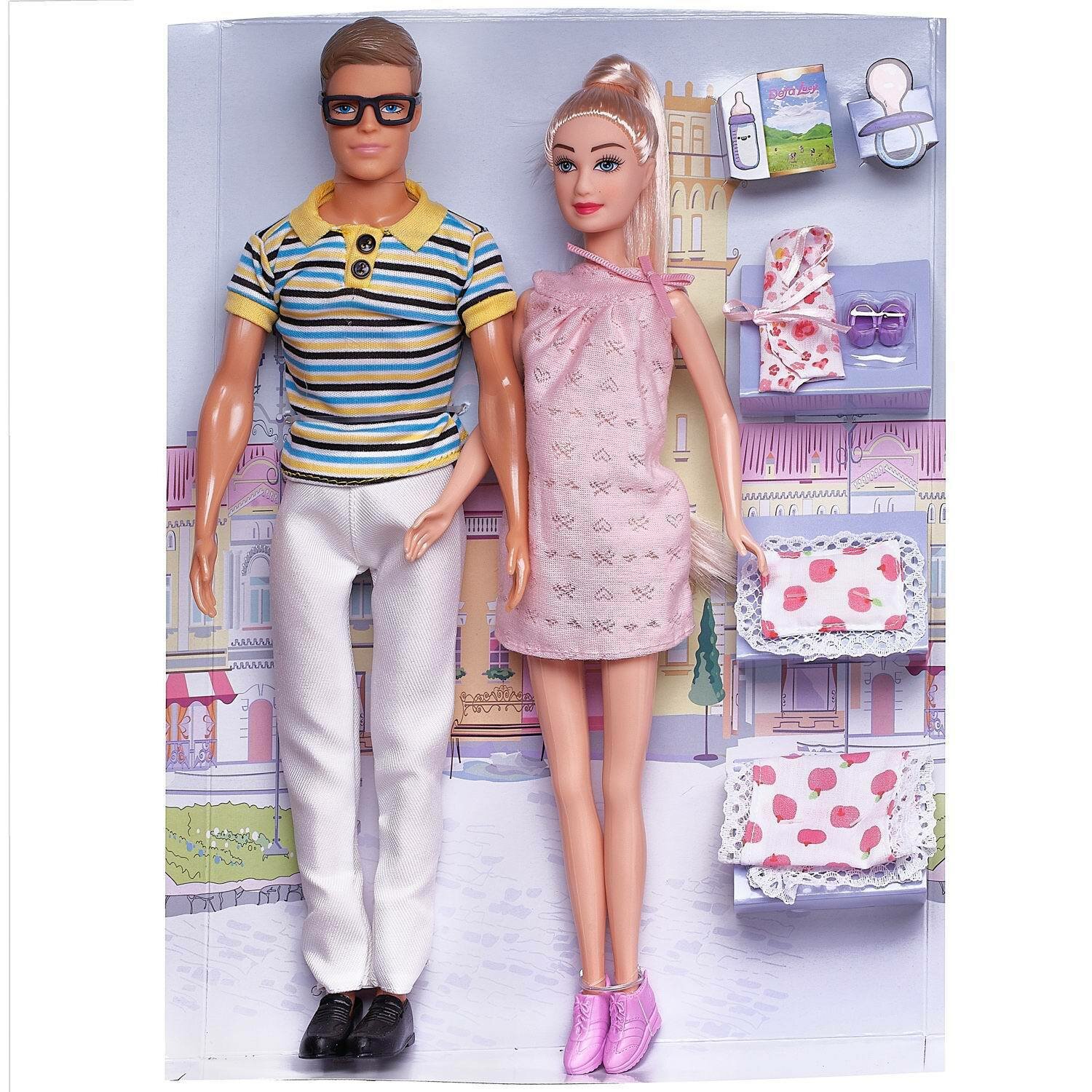 Игровой набор Куклы Defa Lucy&ampKevin В ожидании чуда: муж и беременная жена в персиковом платье, игровые предметы, 29 и 30 см 8349d/персиковое