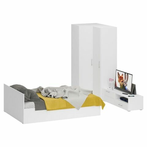Спальня Стандарт 4-1400, цвет белый/фасады ТВ тумбы МДФ белый глянец, сп. м. 1400х2000 мм, без матраса, основание есть