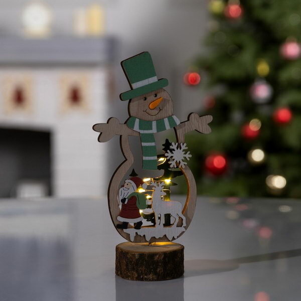 Светодиодная фигура "Снеговик" 12 x 18 x 6 см, дерево, батарейки CR2032х1, свечение тёплое белое