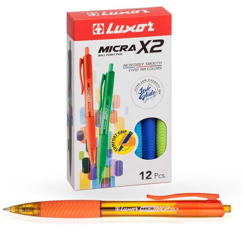 Ручка шариковая синяя 12 шт автоматическая Luxor "Micra X II" 0,7 мм, грип, корпус ассорти, 1 упаковка