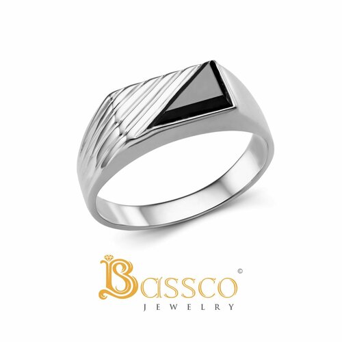 Печатка Bassco, серебро, 925 проба, родирование, оникс, размер 20, серебристый