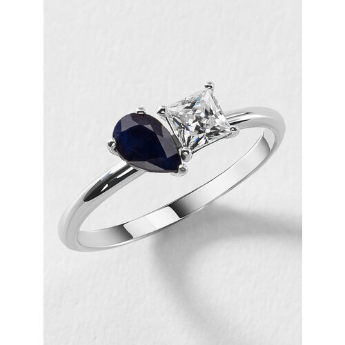 Кольцо помолвочное KAPLI jewelry серебро 925 проба родирование муассанит сапфир размер 165 ширина 2 мм темно-синийбелый 4050₽