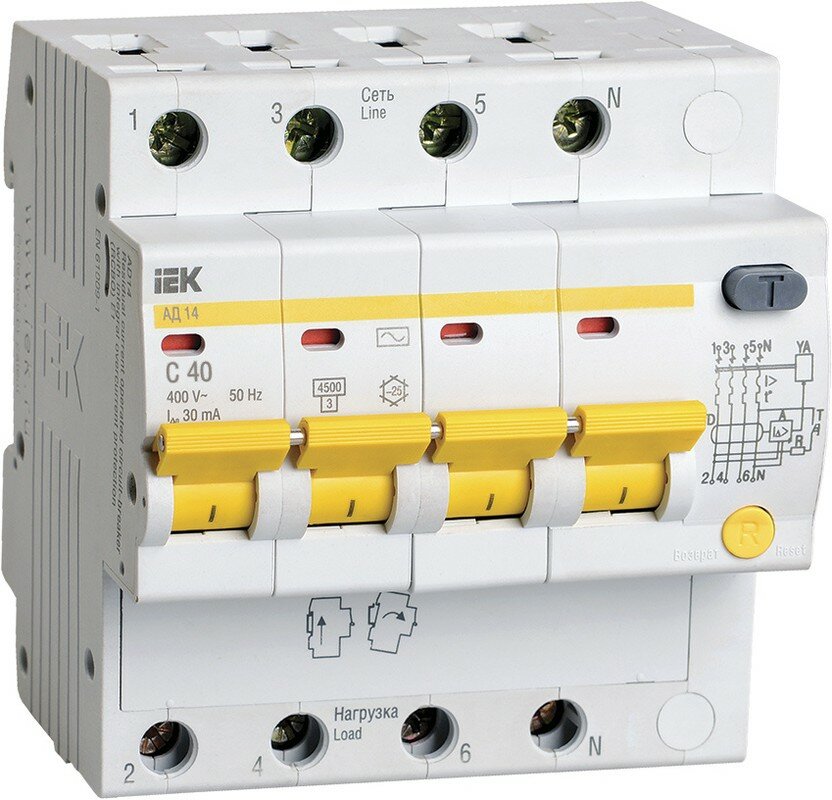 Выключатель автом. дифф. тока IEK MAD10-4-040-C-030 АД14 40A тип C 4.5kA 30мА AC 4П 400В 5мод белый (упак.:1шт)
