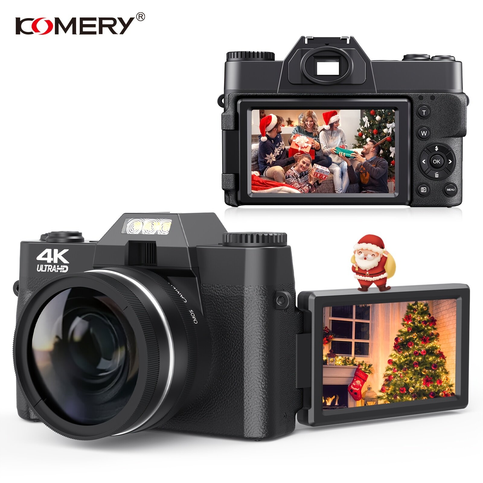 KOMERY 4K Видеокамера для влогинга - 16-кратный цифровой зум, 7 встроенных цветных фильтров, 3.0" экран с поворотом, карта памяти TF 32 ГБ, перезаряжаемая батарея, портативный и компактный дизайн для новичков и влогеров (черный)