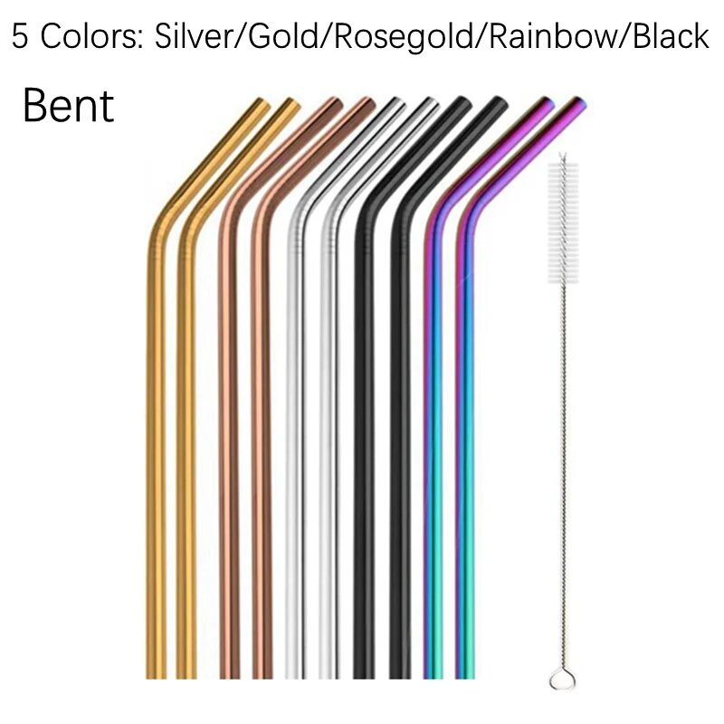 Набор из 10 металлических соломинок из нержавеющей стали, 5Color Mix Bent