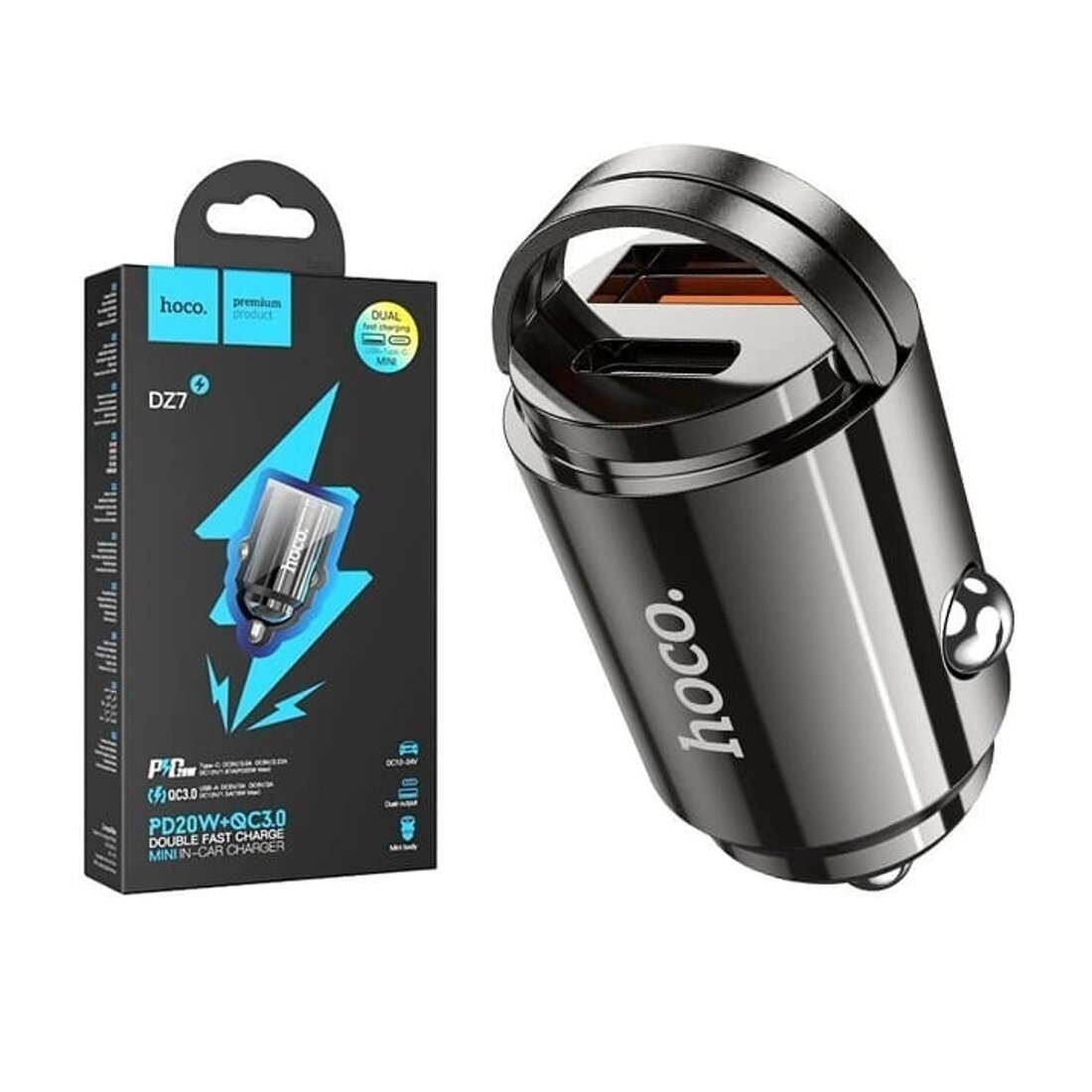 Автомобильное зарядное устройство Hoco DZ7 MINI 20W Type-C+USB, PD20W+QC3.0, черный