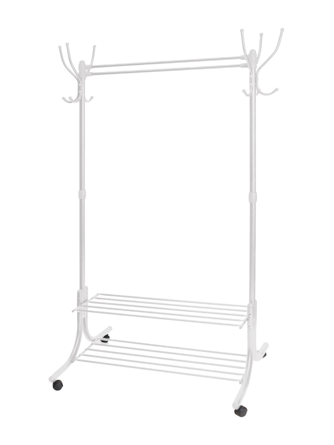 Вешалка гардеробная Nika ВГП90-6, стойка для одежды с крючками, полками и колёсами, металл