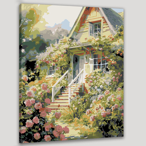 Изображение товара Картина по номерам 40x50 см, акварельная картина, летний уголок, сад коттеджа, цветущие розы, нежные маргаритки