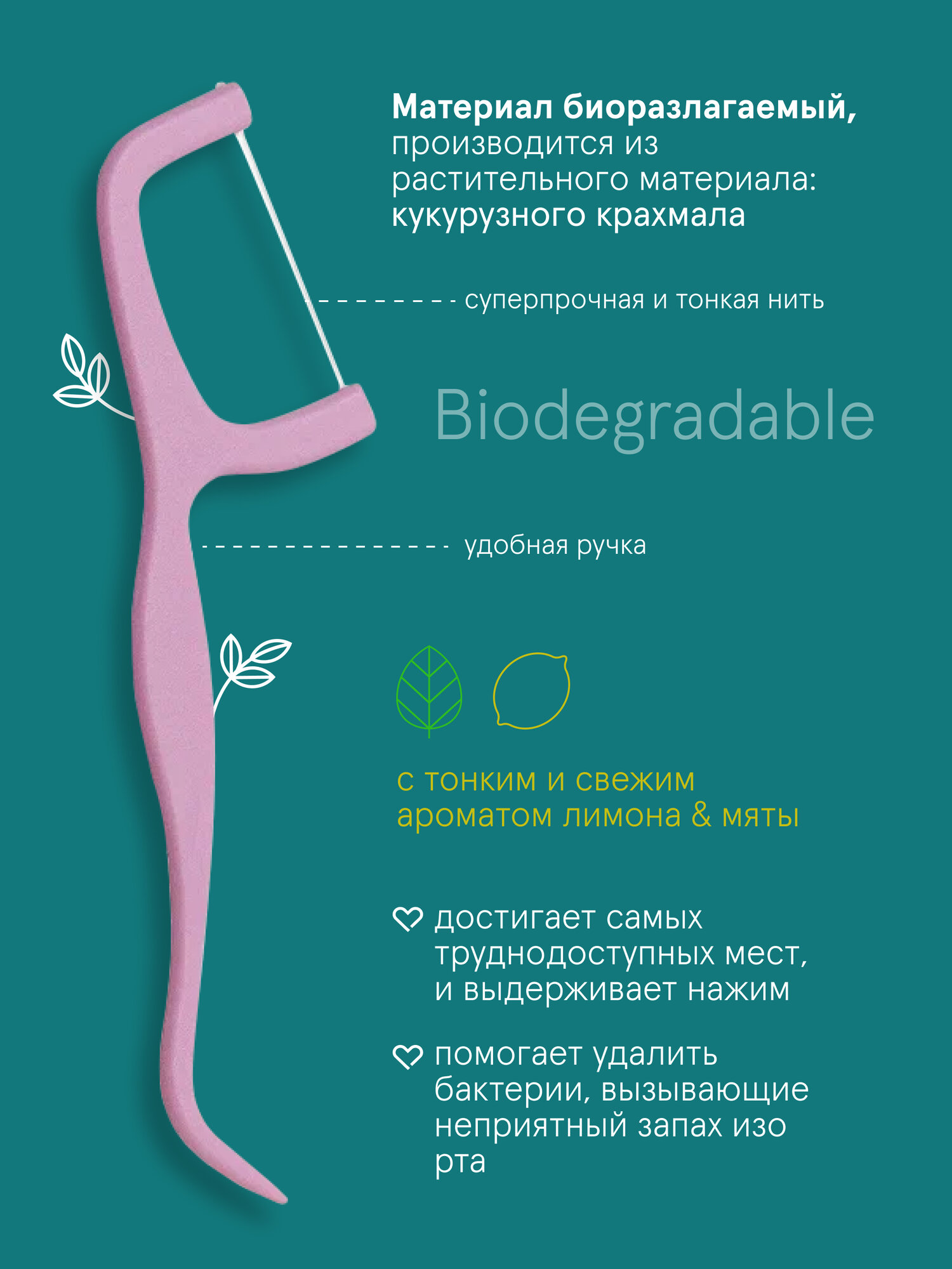 Картинки Флоссеры из растительных материалов с мягкой зубной нитью, 60 шт