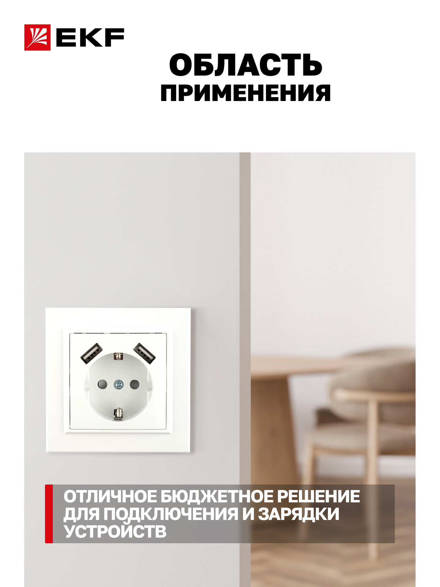 Розетка одинарная EKF с 2 х USB 2,1А (1-местная + 2 порта) СП Минск с заземлением, 16А, с защитными шторками — фото 1
