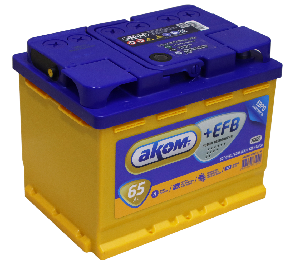 Аккумулятор AKOM EFB 65 Ач 670 А (242х175х190) обратная полярность