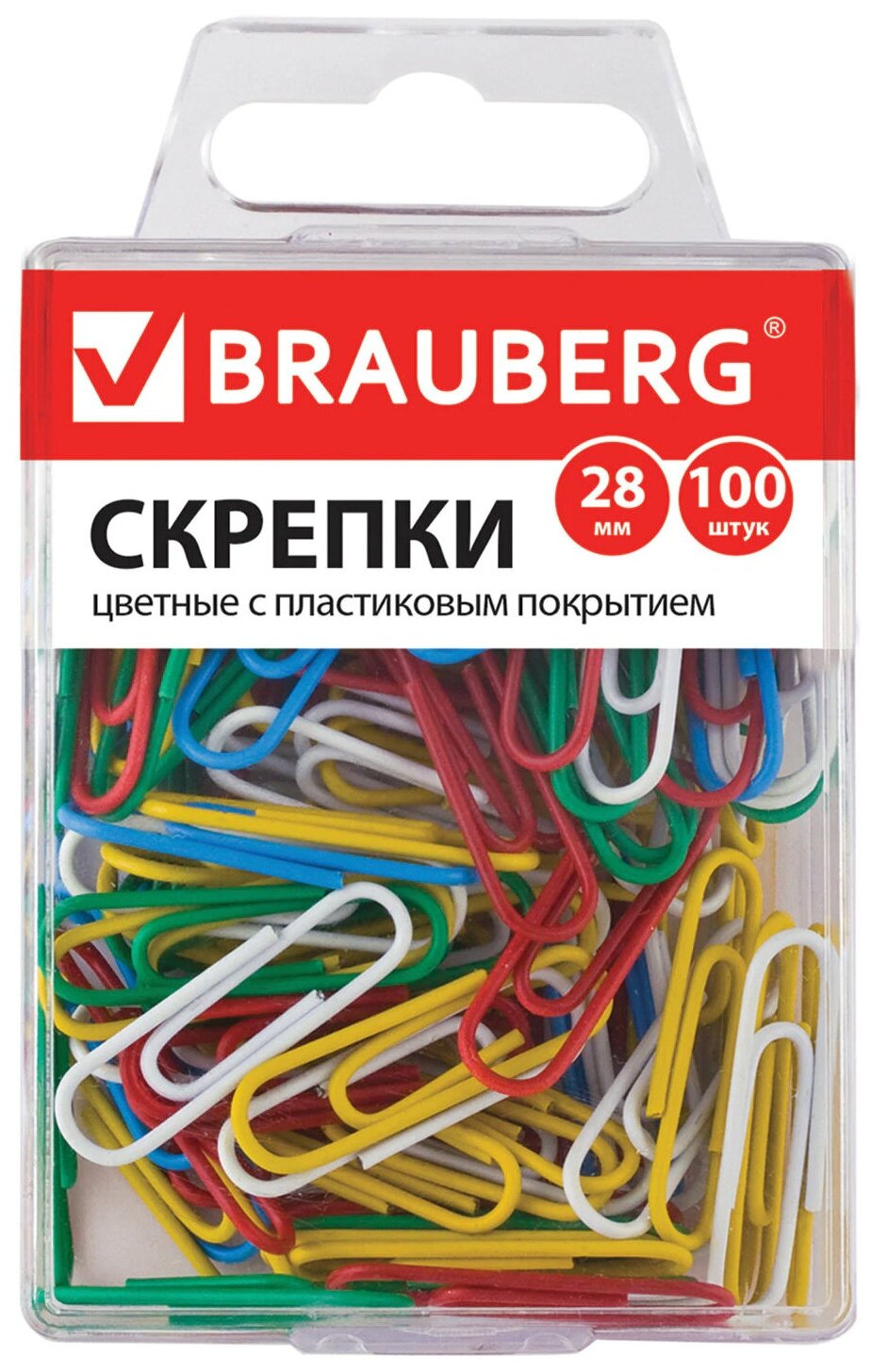 Скрепки BRAUBERG 28 мм цветные, 100 шт. в пласт. кор, 221111