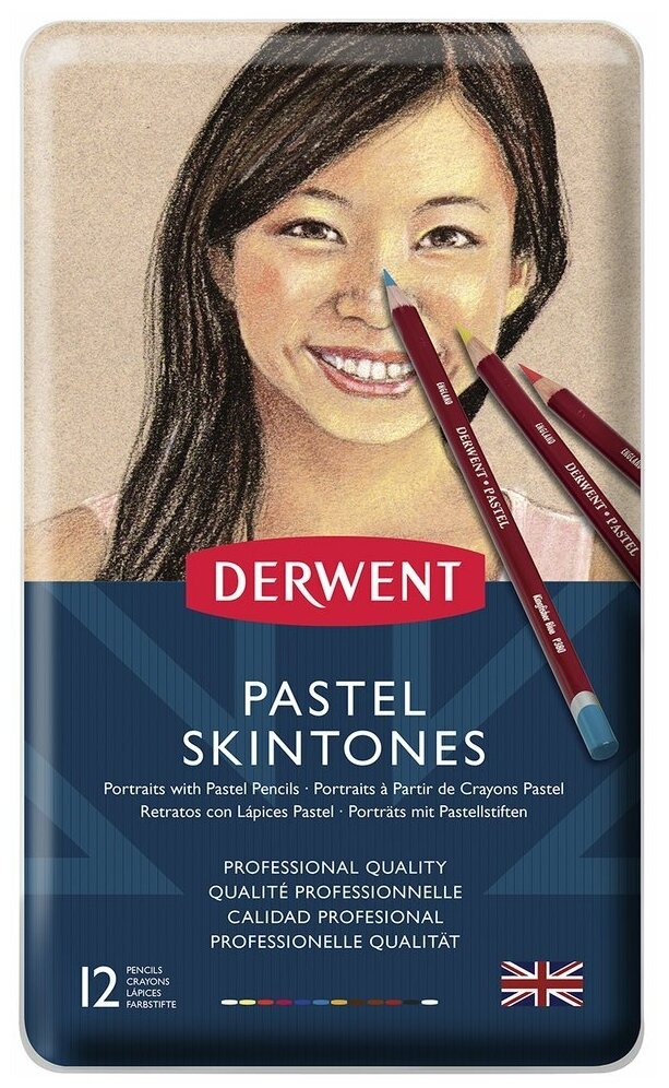 Набор пастельных карандашей DERWENT PASTEL skintones, 12 цветов оттенков кожи в металлической упаковке