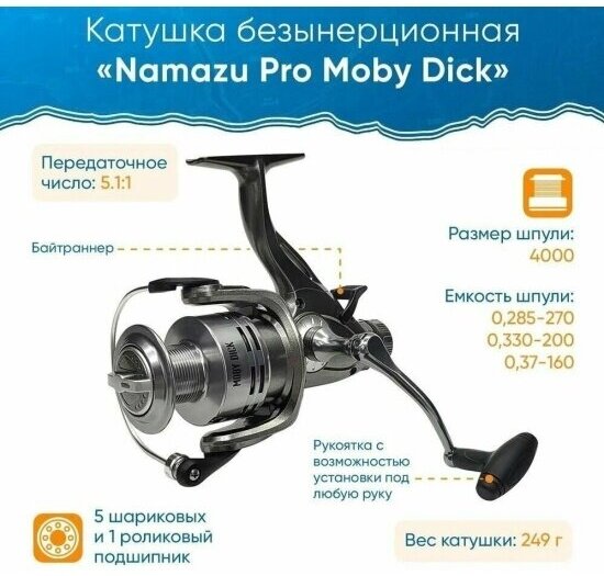 Катушка безынерционная Namazu Pro Moby Dick MD4000 5+1 подш, металлическая шпуля + запасная графитовая шпуля