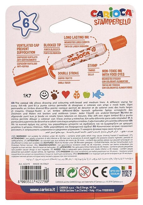 Набор фломастеров 6 цветов Carioca Stamperello (линия 1-7мм, со штампами, двусторонние) (42279)