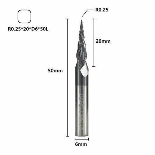 Фреза спиральная двухзаходная конусная сферическая XCAN 0.25х20х6х50 мм, покрытие TiALN фреза спиральная двухзаходная конусная сферическая xcan 1 0х15х3 175х40 мм покрытие tialn