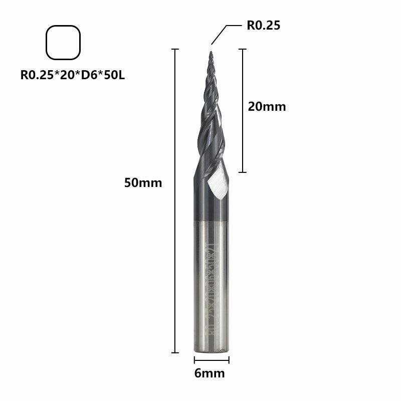 Фреза спиральная двухзаходная конусная сферическая XCAN 0.25х20х6х50 мм, покрытие TiALN