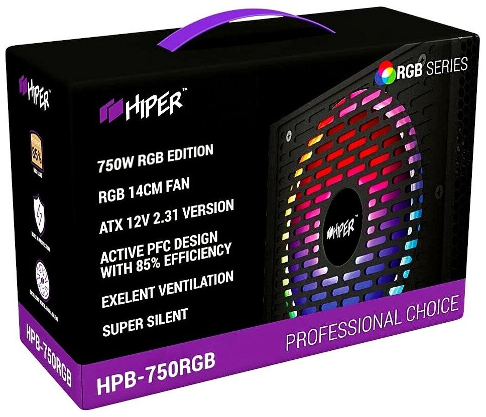 PSU HIPER HPB-750RGB (ATX 2.31, 750W, ActivePFC, RGB 140mm fan, Black) BOX