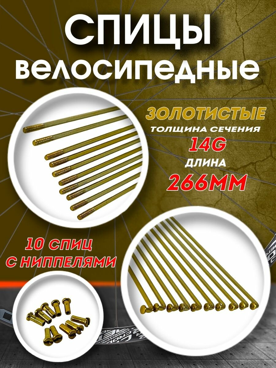 Спицы 266 мм x 14G с ниппелями стальные золотистые