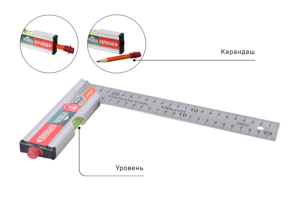 Угольник Sturm! 2020-06-250 со встроенными уровнем и карандашом