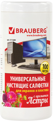 Салфетки для экранов всех типов и пластика Brauberg с ароматом Астра, в тубе 100 шт., влажные, 511689