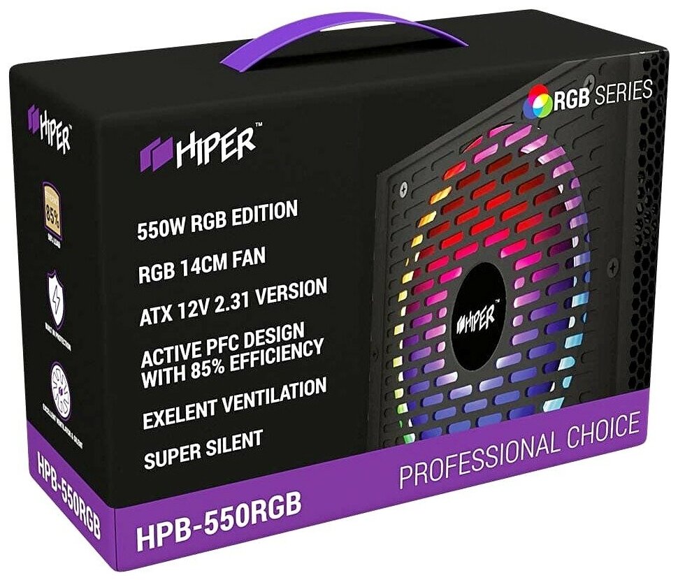 Блок питания 550W Hiper Hpb-550rgb ATX 2.31, 550W, ActivePFC, RGB 140mm fan, черный (длина кабеля 0,