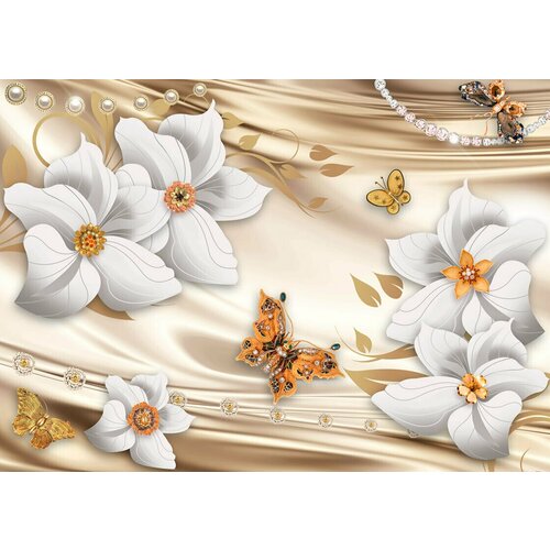 Моющиеся виниловые фотообои GrandPiK Белые цветы и золотые бабочки, 280х200 см