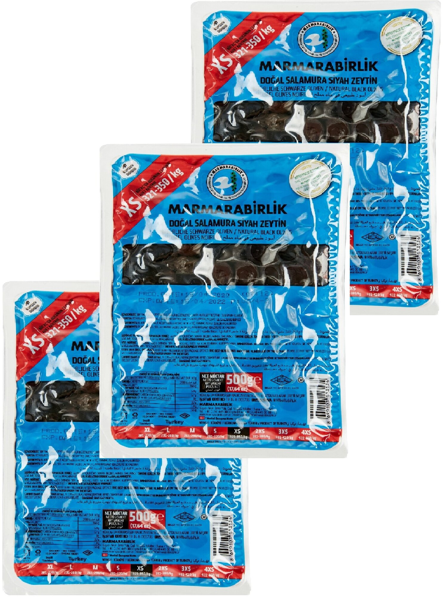 фото Оливки черные натуральные MARMARABIRLIK XS (321-350), с косточкой, вакуум, нетто 500 г (спайка 3 шт, нетто 1500 г)