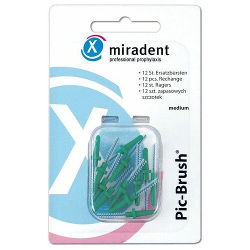 Зубной ершик miradent Pic-Brush Medium зеленые 2.2 мм, green, 12 шт., диаметр щетинок 2.2 мм набор miradent pic brush set pink один ершик ручка розовая
