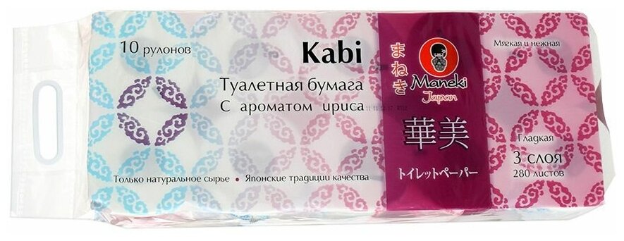 Maneki Туалетная бумага Kabi, трехслойная, цвет: белый, с ароматом ириса, 10 рулонов. - фотография № 2