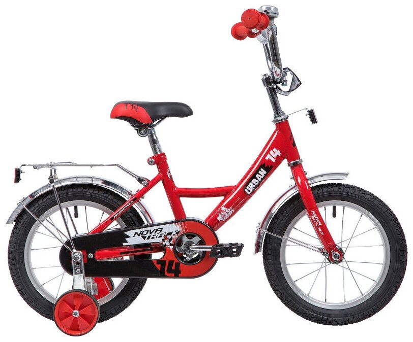 Велосипед NOVATRACK 14", URBAN, красный, полная защита цепи, тормоз нож., крылья и багажник хром