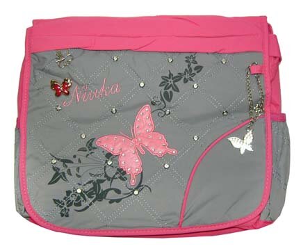 фото Сумка BC-125 "Butterfly" с откидным клапаном, 1отд, c 2 наружн. и 1 внутр. карм, вышивка и стразы, цвет розовыйс серым, подвески бабочки арт. NK090 (1/50)