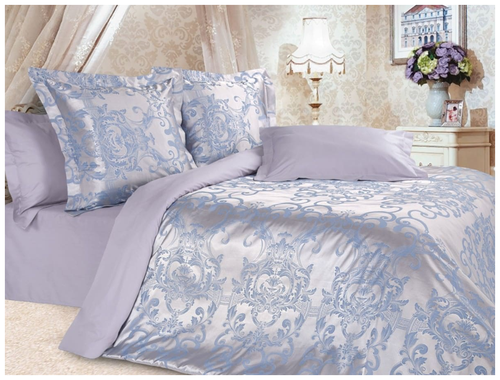 Комплект постельного белья ECOTEX Эстетика Севилья, 2-спальное с европростыней, сатин-жаккард, фиолетовый/голубой