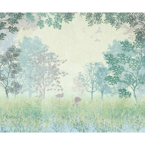 Моющиеся виниловые фотообои Фламинго в лесу стилизованный рисунок, 300х250 см