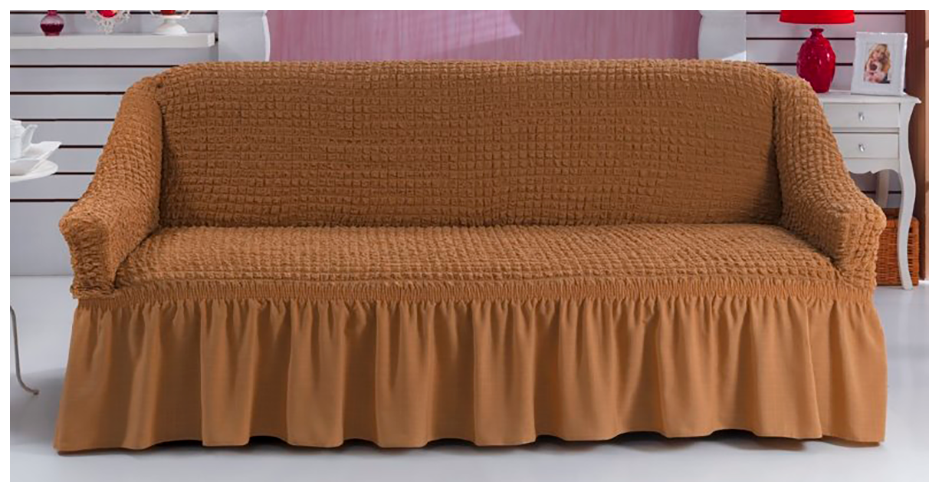 Чехол на диван трехместный Bulsan - Горчичный натяжной с юбкой турецкий