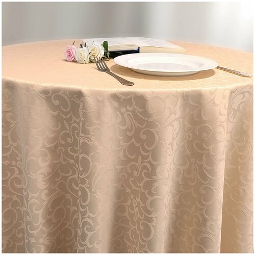 Скатерть d-120 см. цвет бежевый узор 1751 крупный вензель с пропиткой от загрязнений