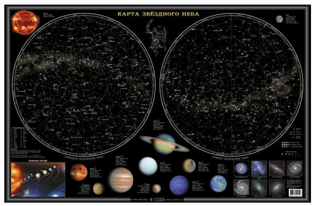 Карта настольная двухсторонняя ламинированная Геодом Звездное небо и планеты. 58х38 см