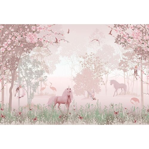Моющиеся виниловые фотообои Единороги и феи на розовом, 400х270 см