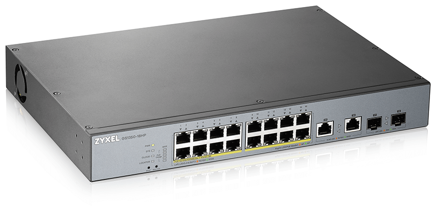 Коммутатор PoE ZYXEL GS1350-18HP для IP-видеокамер, 16xGE PoE+, 2xCombo (SFP/RJ-45), бюджет PoE 250 Вт, дальность передачи питания до 250 м