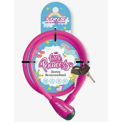 фото Замок противоугонный trix little princess детский, трос стальной, с ключами 12х800мм, в пластиковой оболочке, розовый