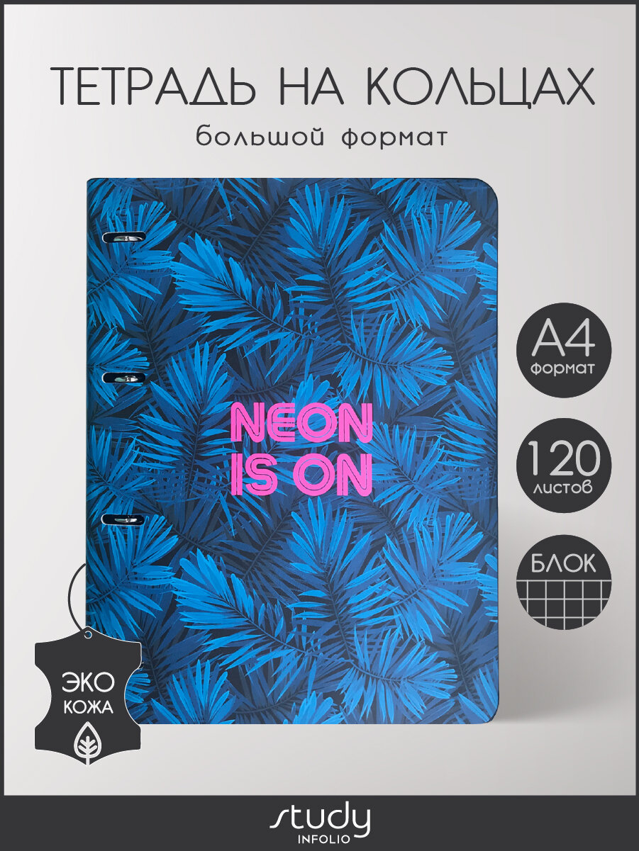 Тетрадь Infolio Study "Neon tropics" на кольцах, А4 формат 120 листов в клетку, жесткая обложка