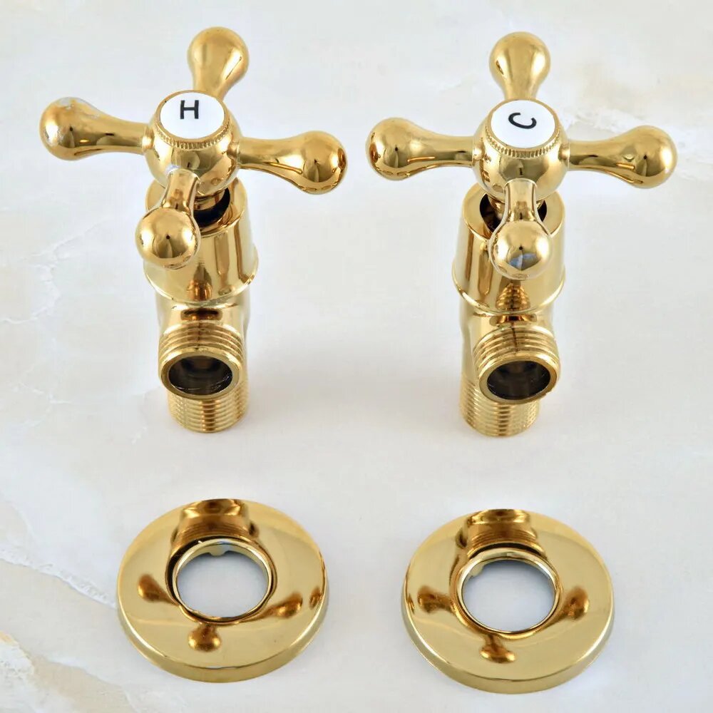 2 шт. Полированные Латунные крестовые ручки золотого цвета, угловой стопорный клапан для ванной комнаты, 1/2 дюйма, штекер x 1/2 дюйма, наружная резьба, аксессуары для ванной комнаты mav013