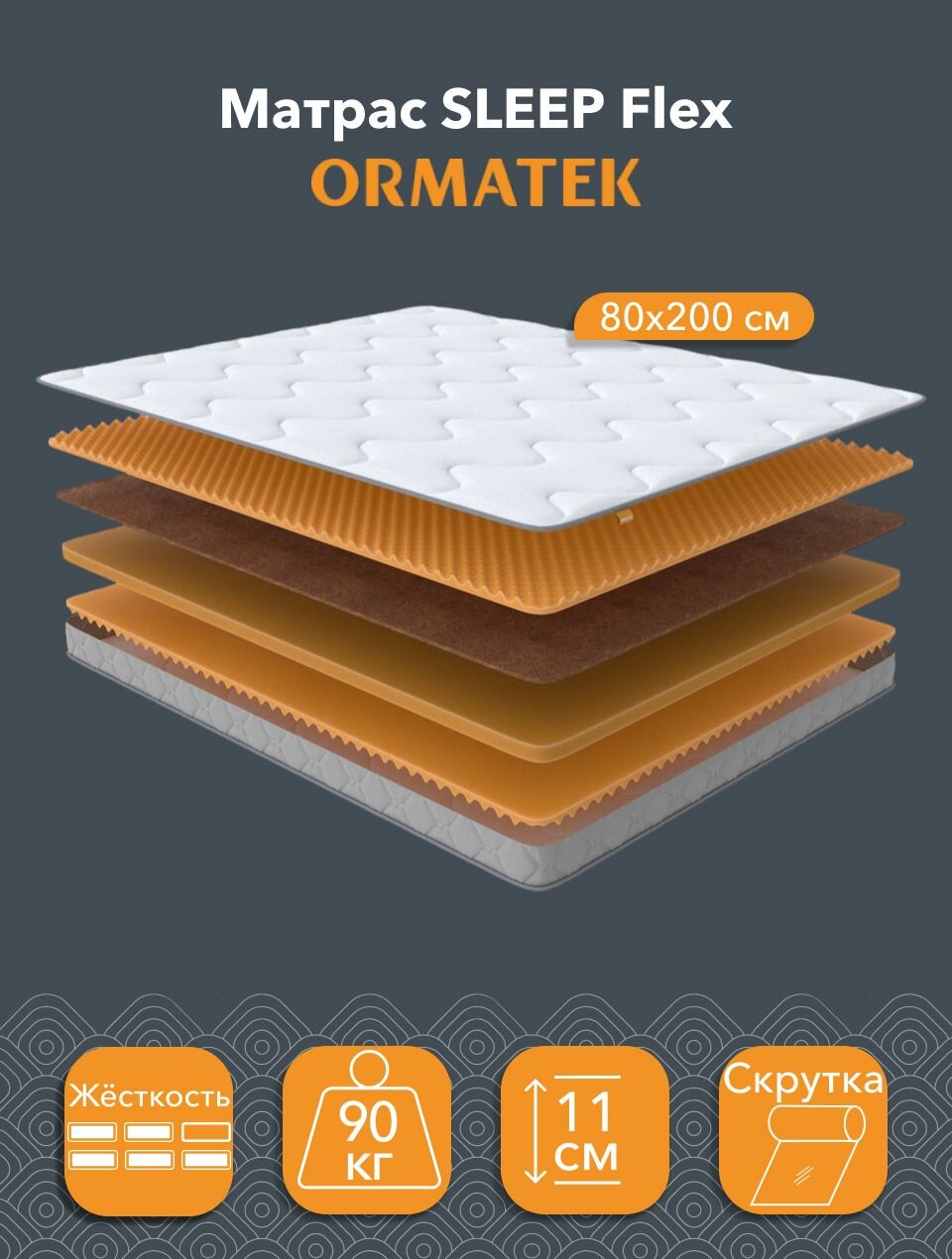 Орматек Матрас SLEEP Flex, Беспружинный, 80х200 см, Односпальный двусторонний анатомический тонкий матрас на кровать с массажным эффектом