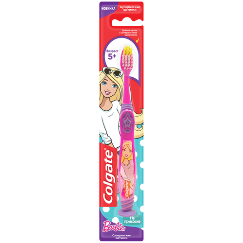 Colgate Детская зубная щетка на присоске Barbie 5+ розовая