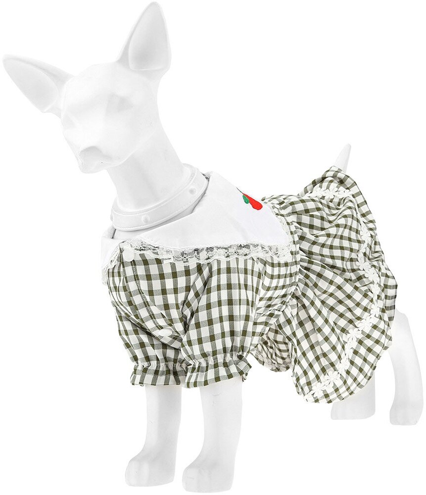"Пэт тойс (Pet toys)" Одежда для собаки "Платье" с вышивкой, с кружевом, на кнопках р-р M, цвет-хаки, 100% полиэстер - фотография № 12