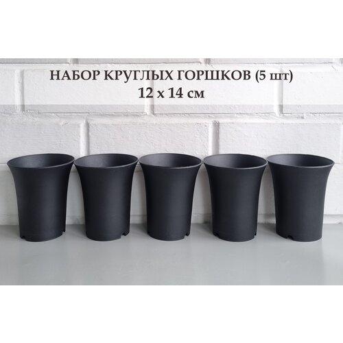 Черные круглые горшки для цветов/суккулентов/хавортий. Набор из 5 штук. Размеры 12,0*14,0 см