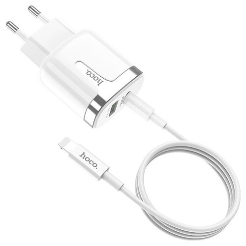 фото Сетевое зарядное устройство быстрое pd 3.0+qc 3.0 usb+usb type-c с кабелем lightning hoco c79a zeus - белое