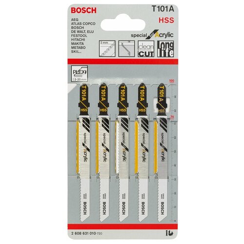 Набор пилок для лобзика BOSCH 5 шт T 101 А Clean for Polycarbonate, HSS