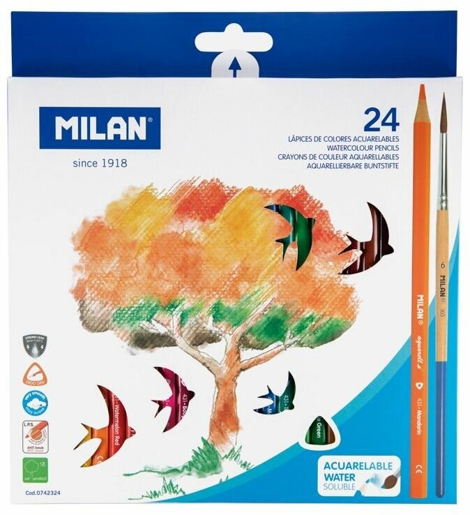 карандаши акварельные Milan "431" 24 цвета, трехгран., с кистью - фото №6